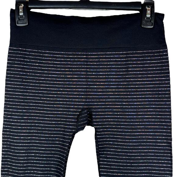 Athleta Medium Shimmer Stripe Leggings Drawstring Stretch Shiny Silver Black - Picture 2 of 6